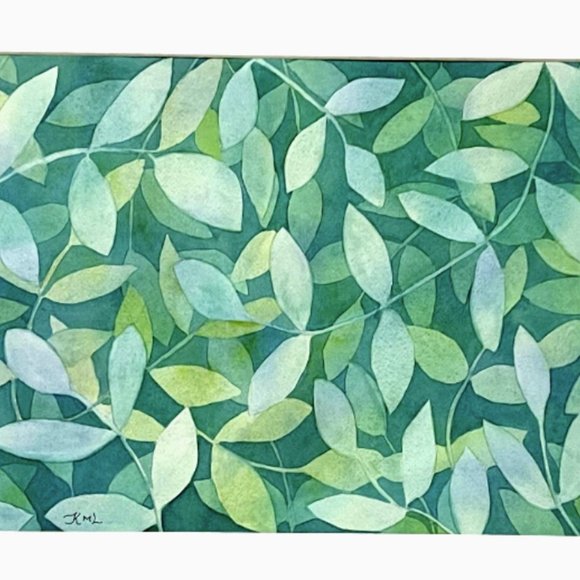 PAINTING WATERCOLOR ORIGINAL ART TREE LEAVES GREEN BLUE 11X14 WHITE MAT 16X20